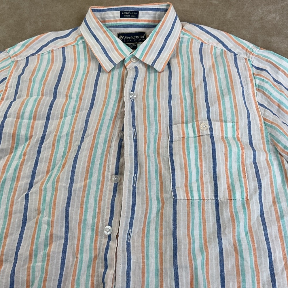 Weekender Luau Edition Shirt Men L Linen Striped Button Up Resort Short Sleeve - Picture 6 of 8